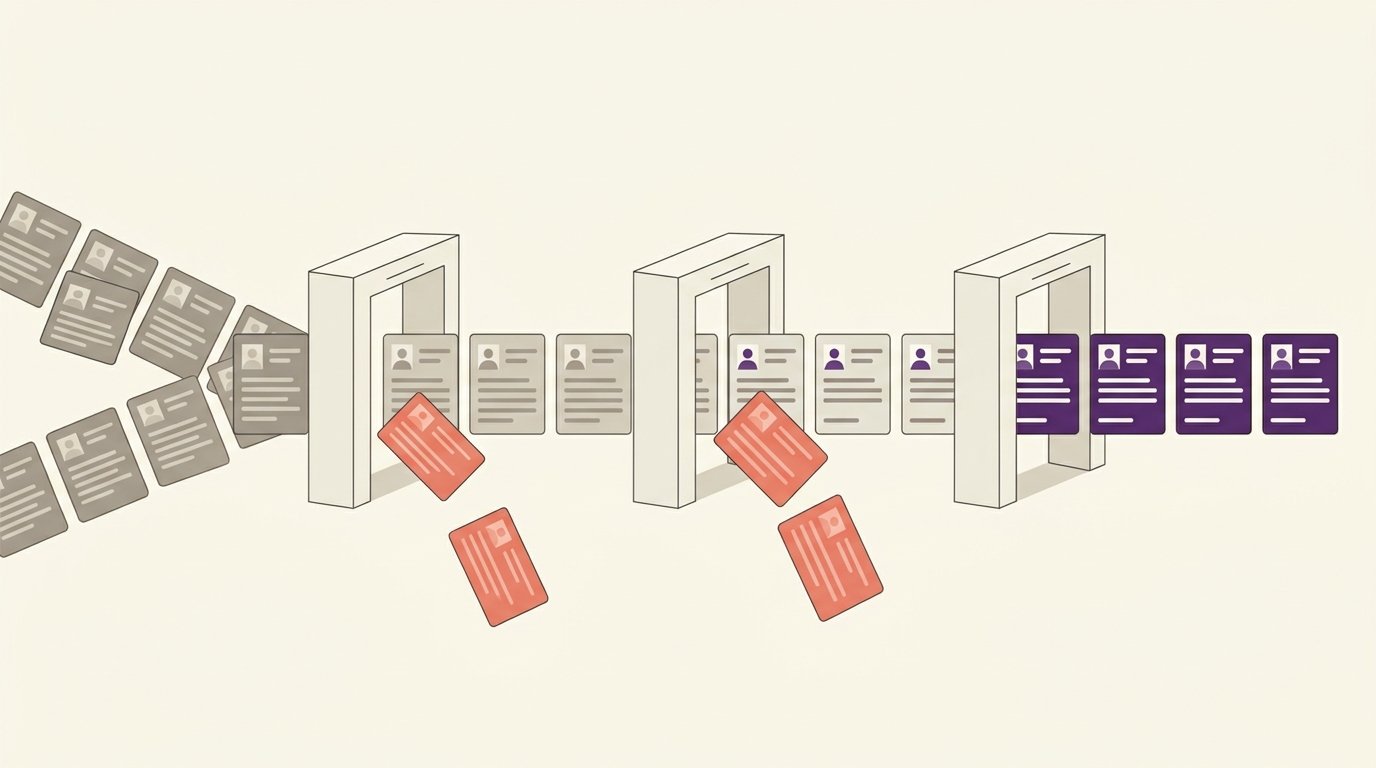Editorial illustration showing layered B2B contact records flowing through verification stages