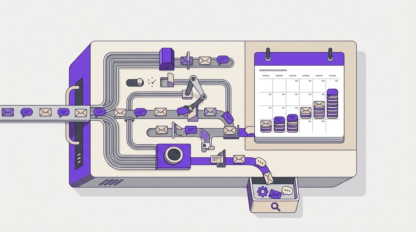 Editorial illustration of a control panel routing sales conversations, representing AI SDR software inside a coordinated growth system