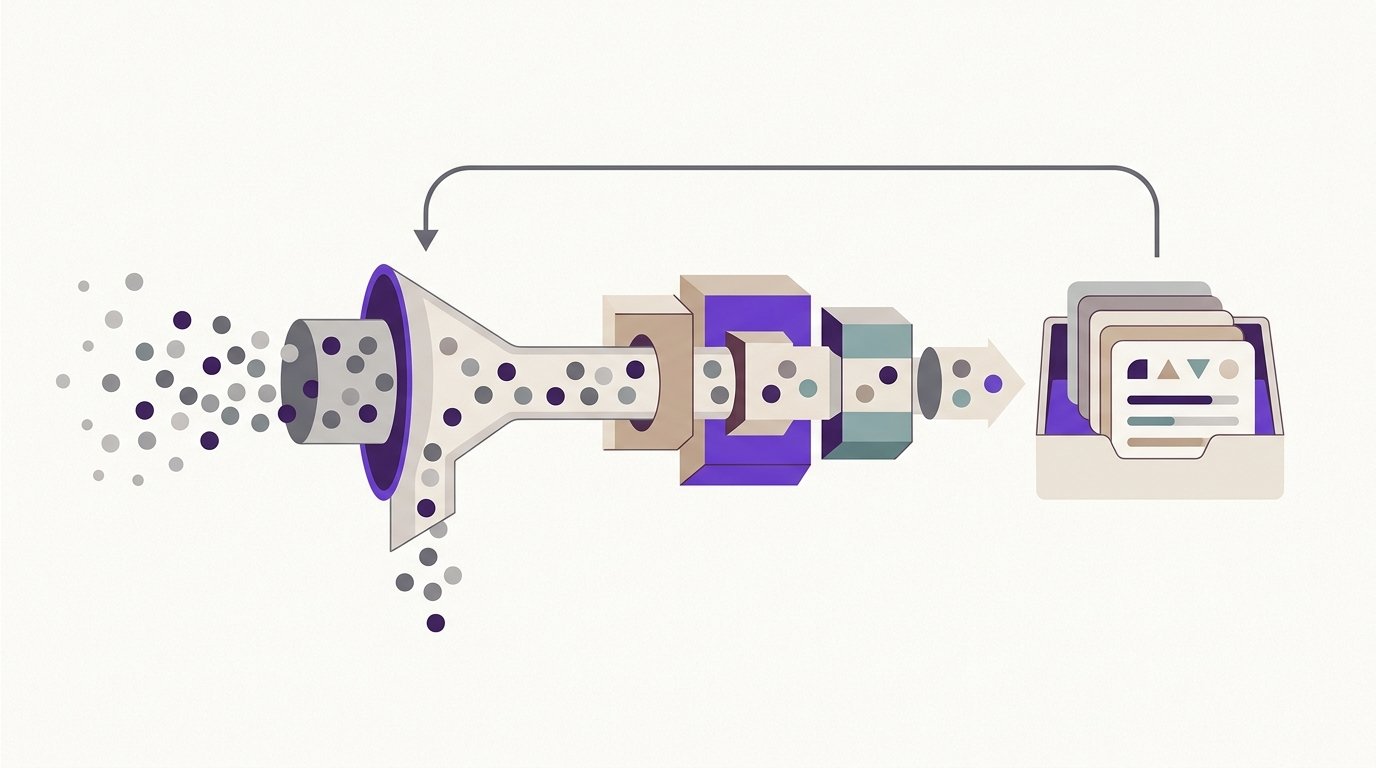 Editorial illustration of a multi-stage data pipeline feeding qualified leads into a CRM