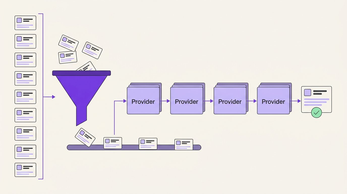 Editorial illustration of a layered routing system with input contacts flowing through filter and enrichment stages