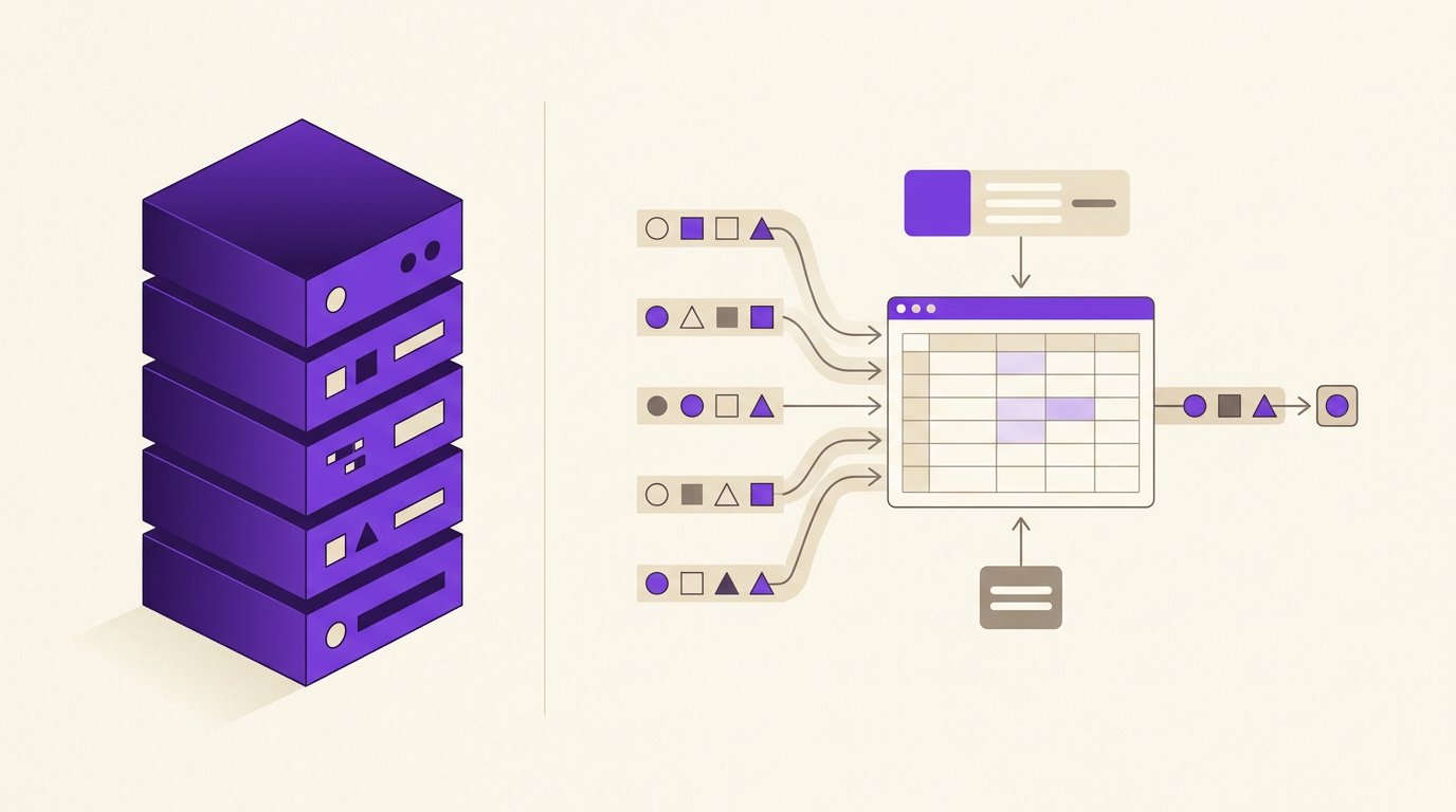 Editorial illustration contrasting a single-vendor database stack with a multi-source orchestration layer