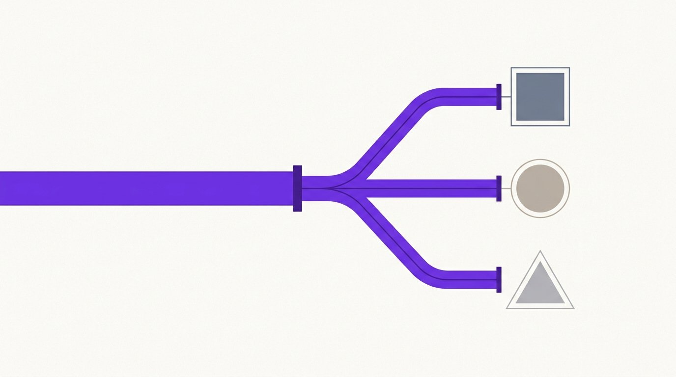 Editorial illustration of three data pipelines splitting from a single source into distinct destinations