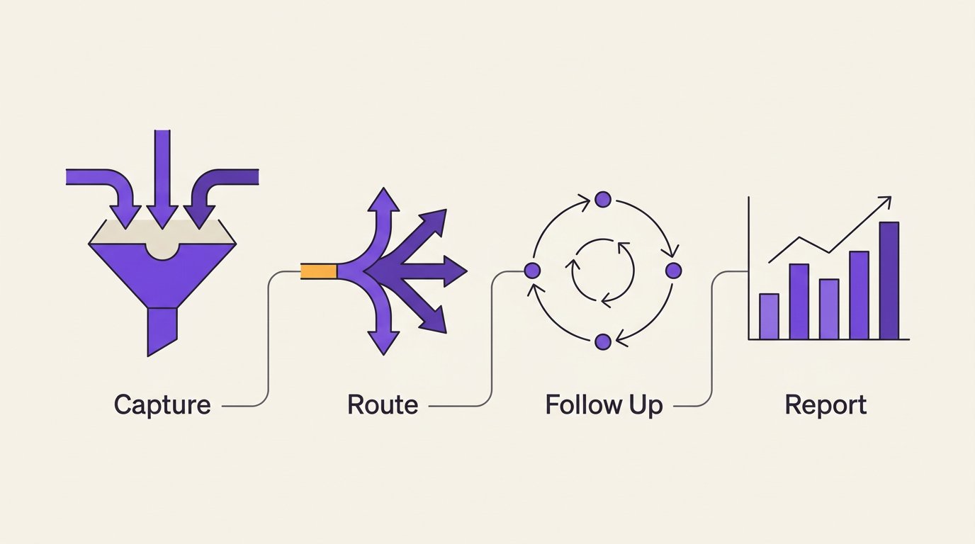 Editorial illustration of a CRM pipeline split into four connected sections representing capture, route, follow up, and report, in flat purple and neutral tones