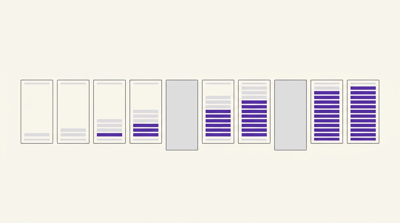 Editorial illustration of a row of record cards filling in progressively from left to right, with several cards remaining blank