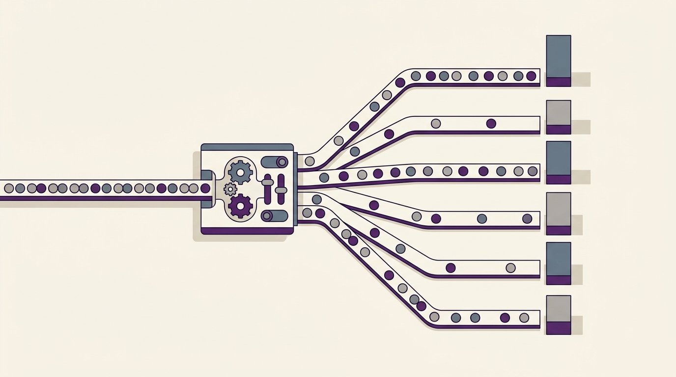 Editorial illustration of a single inbound track meeting a sorting junction and fanning out into several tracks that distribute unevenly across destination markers