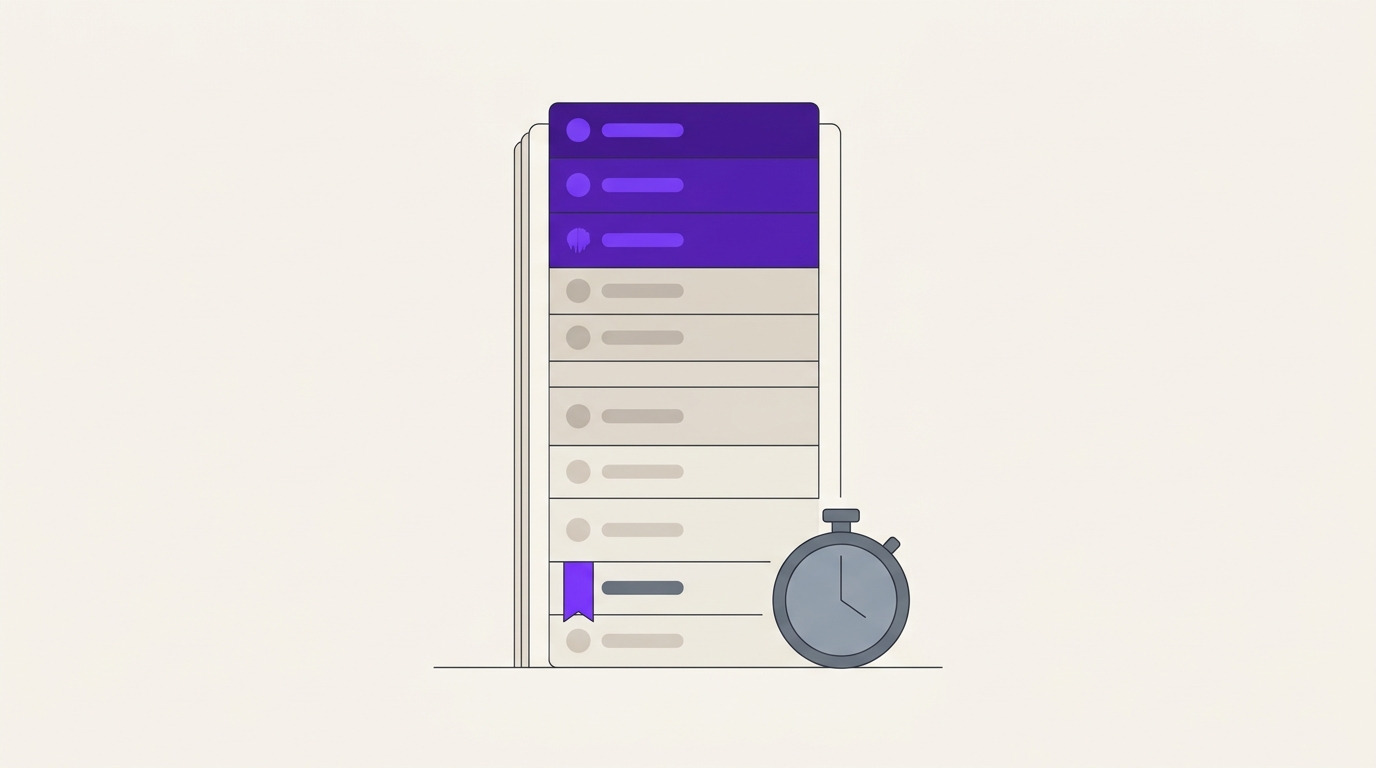 Flat editorial illustration of a ranked list with the top rows highlighted, one overlooked row marked near the bottom, and a stopwatch beside it
