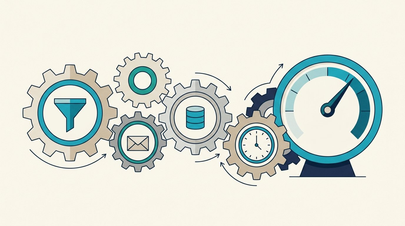 Editorial illustration of a sales pipeline as a set of connected gears feeding a single output dial, in flat cyan and neutral tones