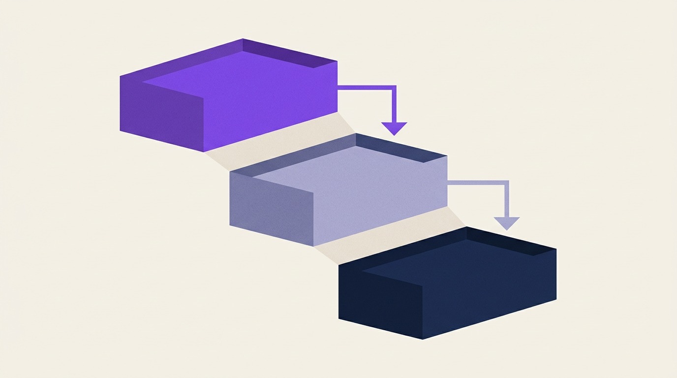 Editorial illustration of layered data streams cascading through filters, representing sequential B2B contact enrichment